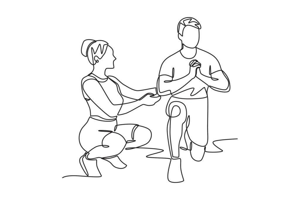 Physiotherapeut bespricht Beschwerden und untersucht Bewegungsmuster mit Patient